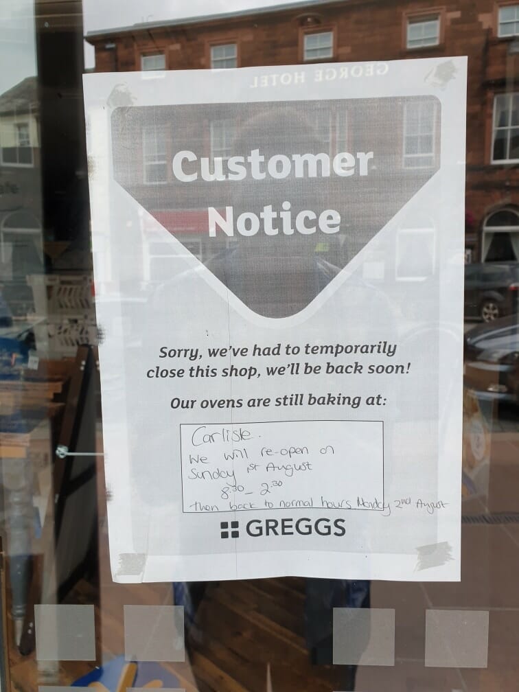 Notice in Greggs window in Penrith