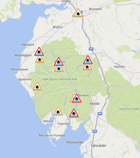 Five flood warnings and seven flood alerts are in force in Cumbria as rain continues to fall in the county.