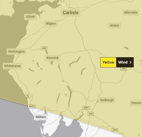 A yellow weather warning for wind has been issued by the Met Office. The warning area is pictured and covers most of Cumbria with the exception of parts of South Cumbria  