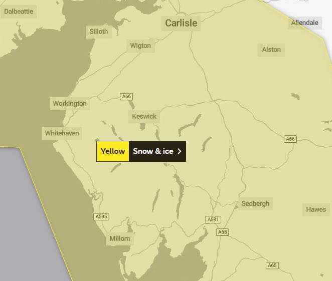 A snow and ice warning has been issued by the Met Office for Cumbria. This shows the area covered by the warning, which is the whole of Cumbria